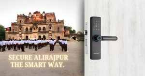 Tuchware Smart Lock in Alirajpur placed next to a traditional palace and a gathering of locals