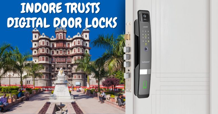 Smart locks in Indore installed on a modern home door with the iconic Rajwada Palace in the background.
