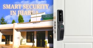 Modern smart lock in jhabua on a white door, with Jhabua public building in background