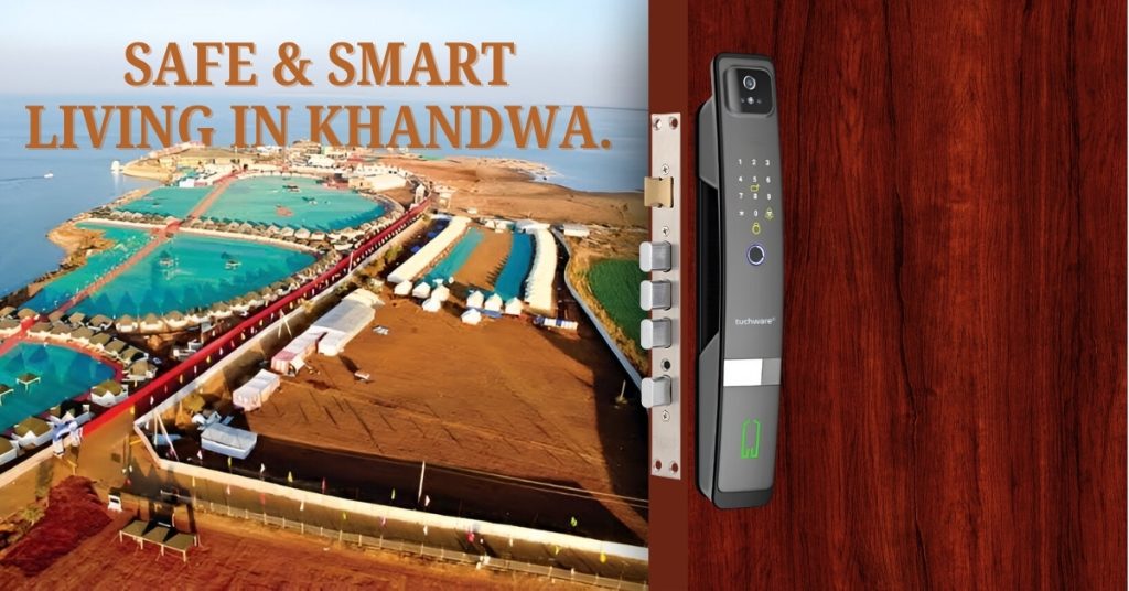 Tuchware Smart Lock in Khandwa showcased with a scenic aerial view of Tent City near Indira Sagar Dam