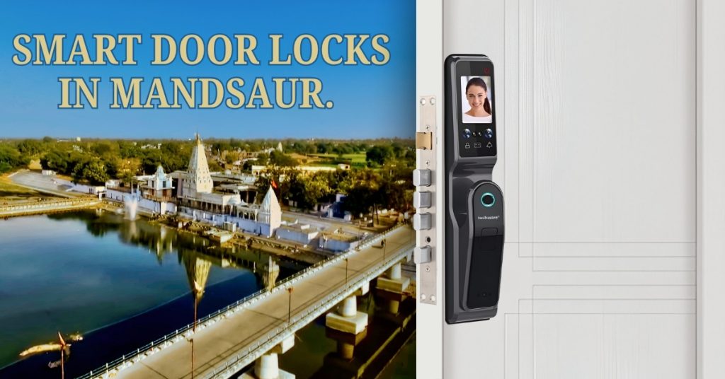 Smart Lock in Mandsaur installed on a modern white door with a temple view in the background