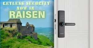 Smart Lock in Raisen by Tuchware installed on a modern door with Raisen Fort in the background