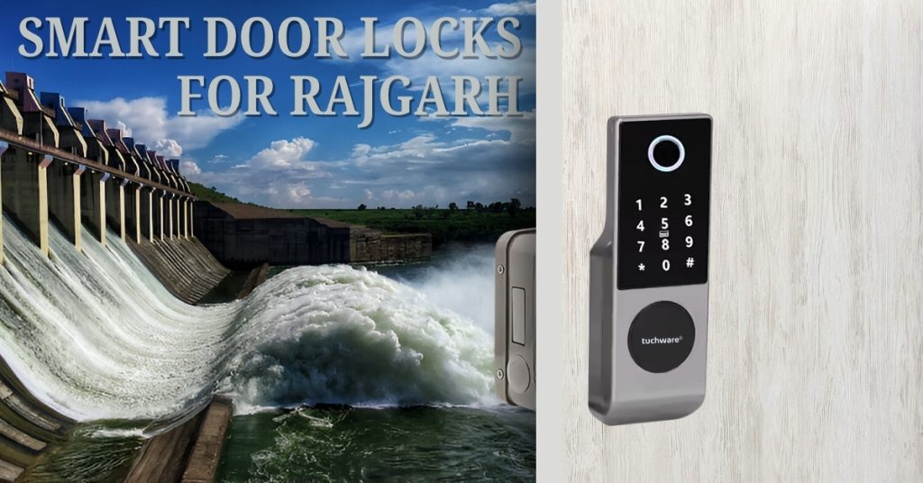 Smart Lock in Rajgarh by Tuchware displayed beside a water dam in Rajgarh, promoting digital security solutions