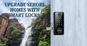 Modern smart lock installed on a door with a scenic waterfall background promoting smart lock in Sehore.