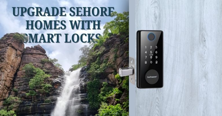 Modern smart lock installed on a door with a scenic waterfall background promoting smart lock in Sehore.