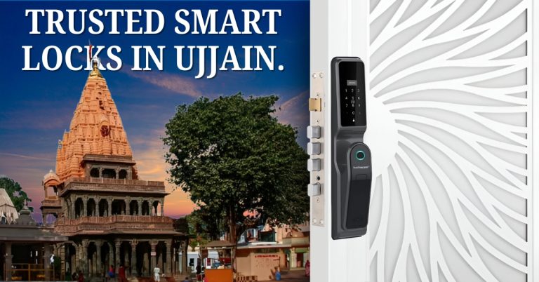 Modern smart lock installed on a stylish white door with the Mahakaleshwar Temple in Ujjain in the background – showcasing Tuchware's smart lock in Ujjain.