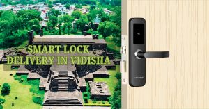 Smart lock installed on a wooden door with an ancient temple in Vidisha background promoting smart lock delivery in Vidisha.