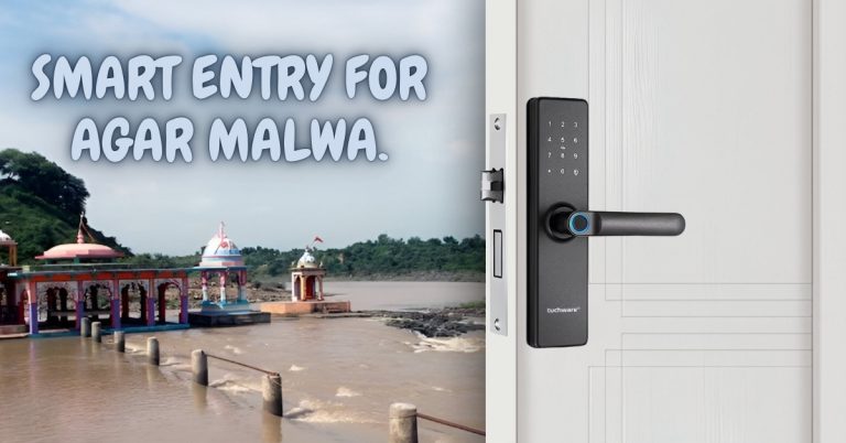 Digital smart lock on a modern door with a scenic view of temples along the river in Agar Malwa.