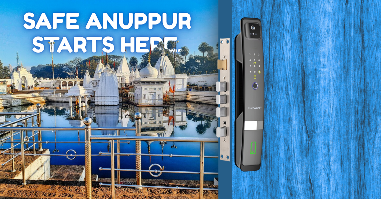 Smart Lock in Anuppur installed beside the sacred temple pond at Narmada Udgam Temple, reflecting culture and safety.
