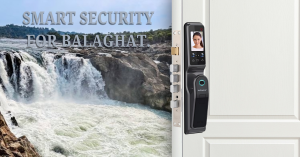 Smart Lock in Balaghat installed on a white door near the iconic waterfall of Balaghat, symbolizing strength and smart living