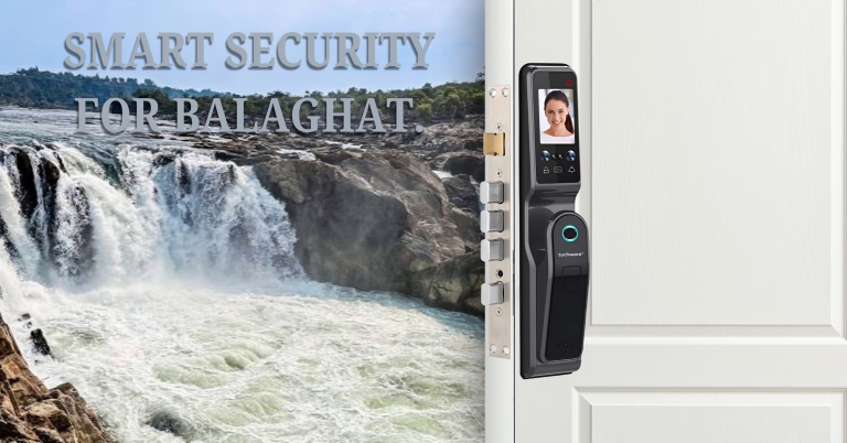 Smart Lock in Balaghat installed on a white door near the iconic waterfall of Balaghat, symbolizing strength and smart living