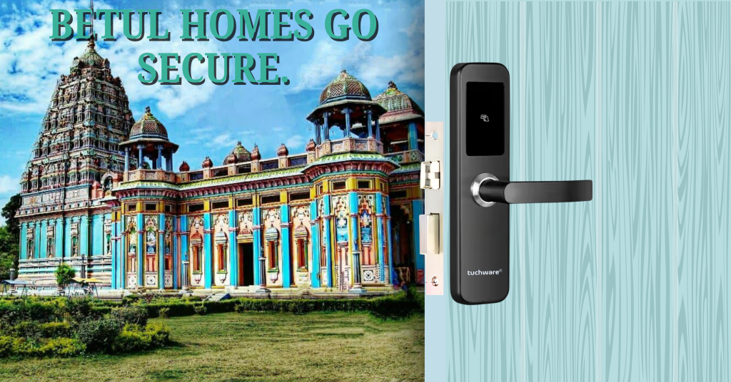 Smart Lock in Betul on a stylish wooden door with the backdrop of Betul’s vibrant temple architecture – merging art with smart tech.