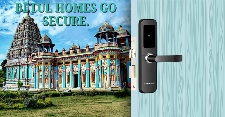 Smart Lock in Betul on a stylish wooden door with the backdrop of Betul’s vibrant temple architecture – merging art with smart tech.