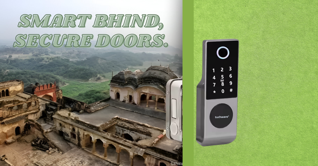 Smart lock in Bhind installed on a modern door with a scenic view of Bhind fort in the background.