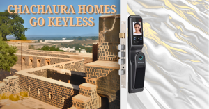 Smart Lock in Chachaura installed on a marble door, facing the historic remains of Chachaura Fort – showcasing the blend of ancient strength and modern security.