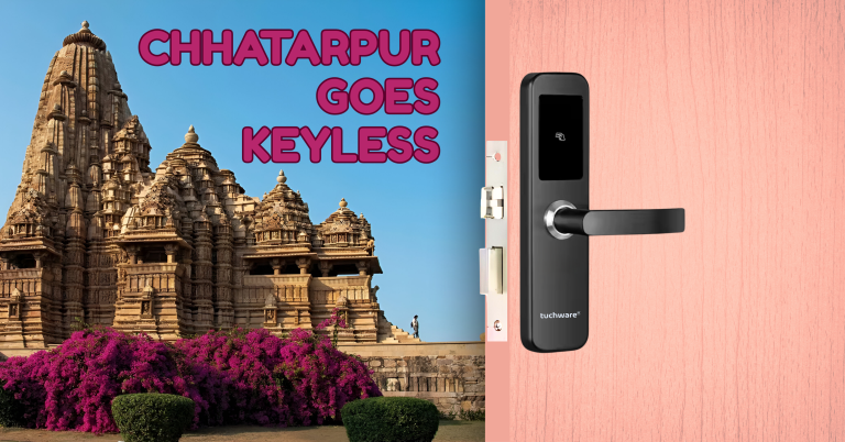 Smart Lock in Chhatarpur installed on traditional home door with Khajuraho temple in the background.