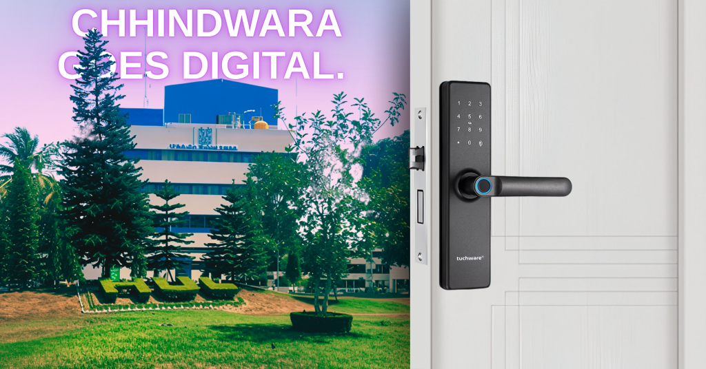 Smart Lock in Chhindwara on a premium door, set against the lush green backdrop of Patalkot valley – combining nature’s beauty with cutting-edge security