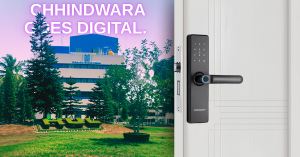 Smart Lock in Chhindwara on a premium door, set against the lush green backdrop of Patalkot valley – combining nature’s beauty with cutting-edge security