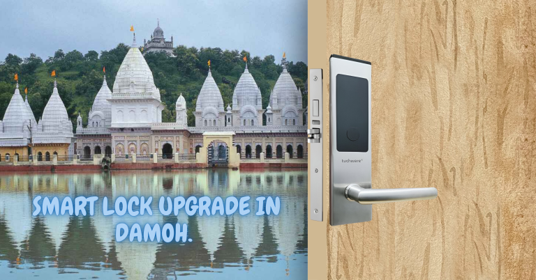Smart Lock in Damoh securing home doors with famous Damoh Nidaneshwar temple reflected in water.