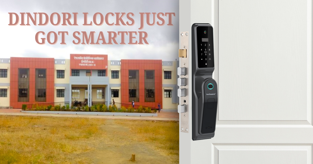 Smart Lock in Dindori installed on a modern white door facing a government building – reliable, official-grade security