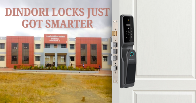 Smart Lock in Dindori installed on a modern white door facing a government building – reliable, official-grade security
