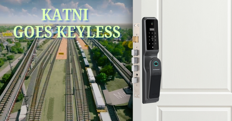 Smart Lock in Katni installed on a white door with a background of Katni railway junction – symbolizing a modern transit hub embracing smart security