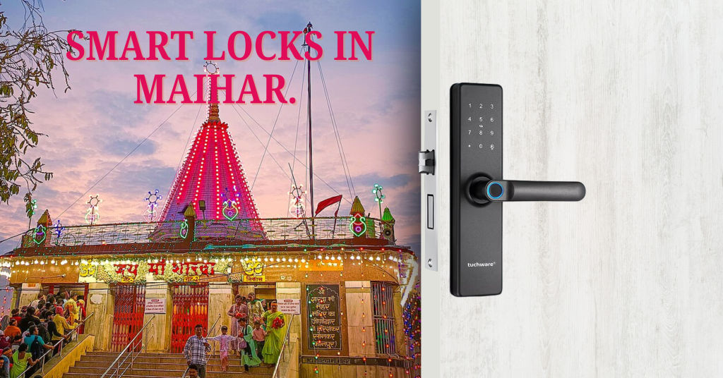 Smart Lock in Maihar installed on a sleek white door, with a view of the illuminated Maihar Devi Temple – symbolizing tradition meeting technology.