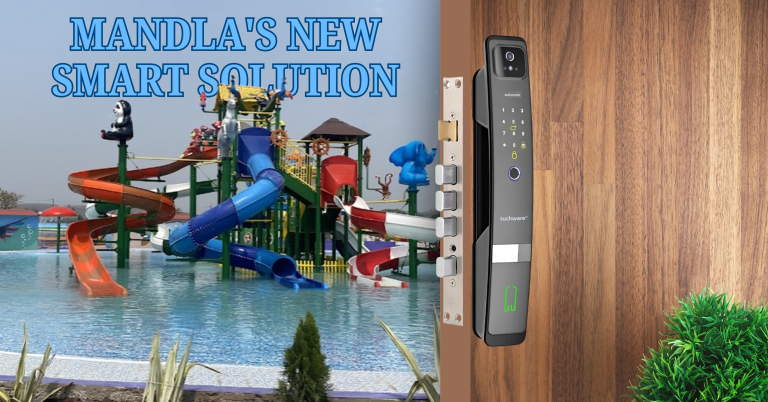Smart Lock in Mandla installed on a wooden door beside a vibrant water park scene, combining fun and security