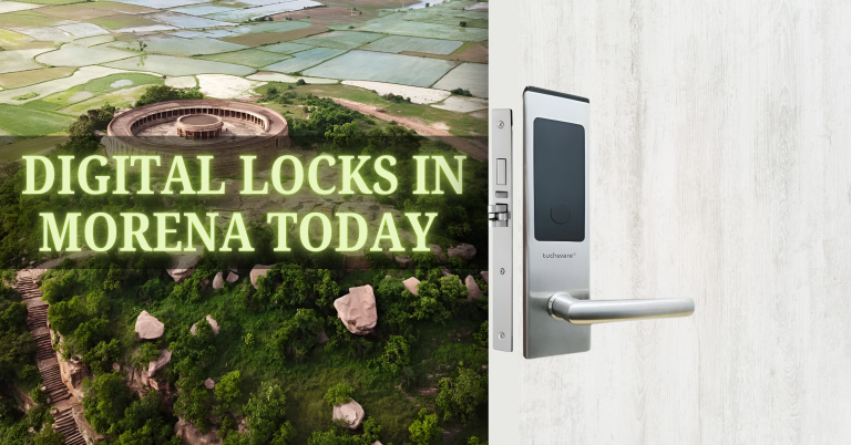 Smart lock in Morena installed on a modern white door with aerial view of Mitawali Temple in Morena in the background.