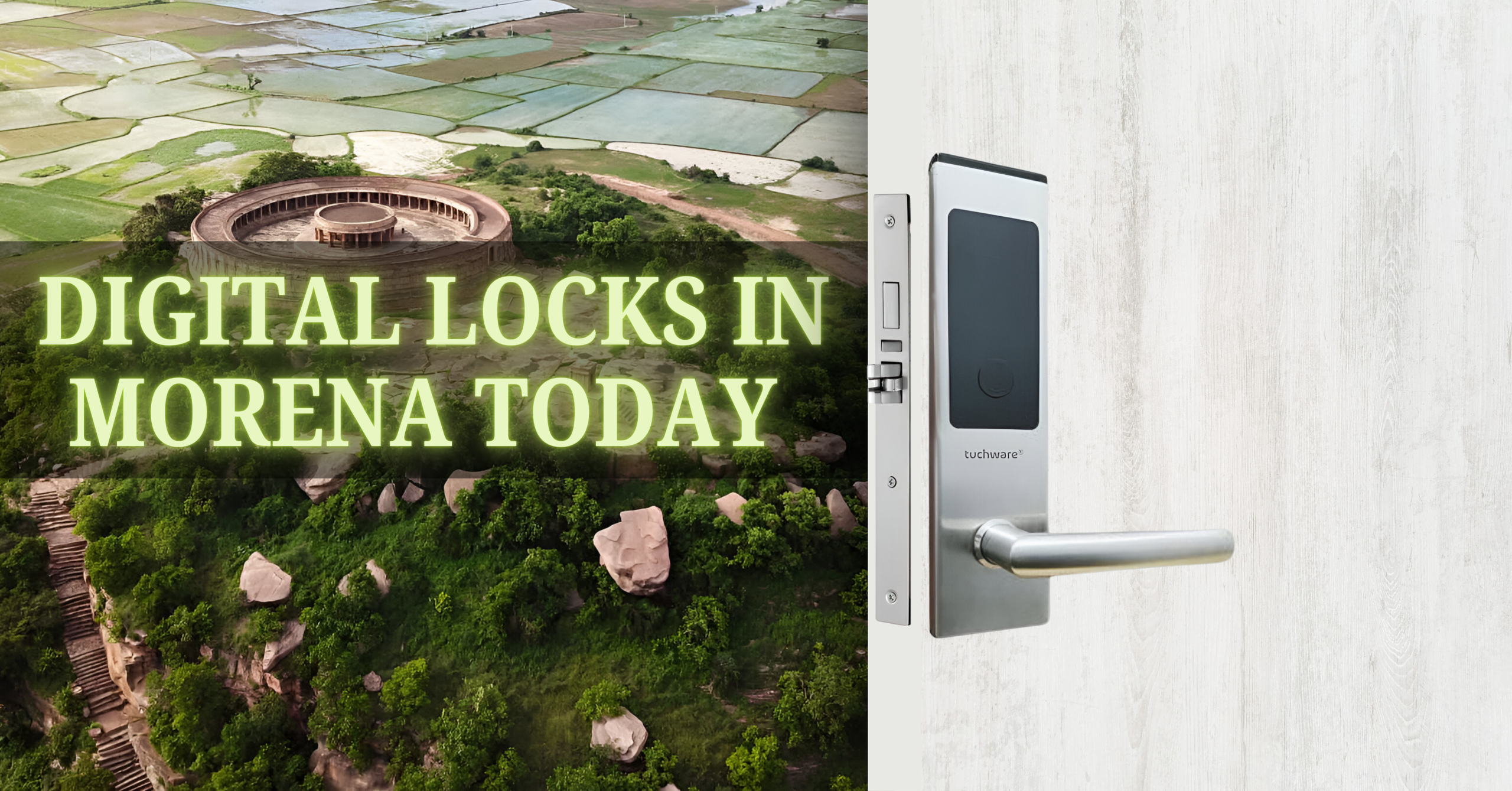 Smart lock in Morena installed on a modern white door with aerial view of Mitawali Temple in Morena in the background.