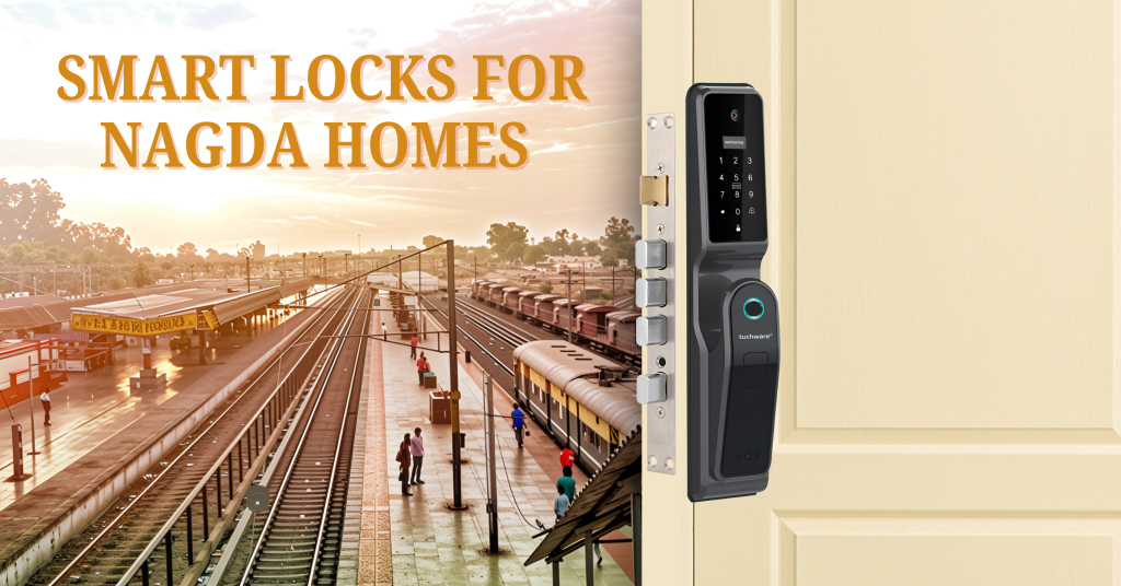 Smart Lock in Nagda installed on a modern door, with Nagda railway station in the backdrop during golden hour – showcasing connectivity and smart living.