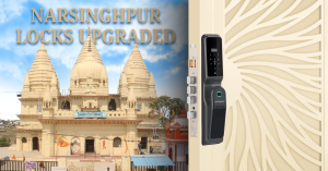 Smart Lock in Narsinghpur installed on a wooden door with a scenic view of Narmada ghat – reflecting security and spiritual calmness