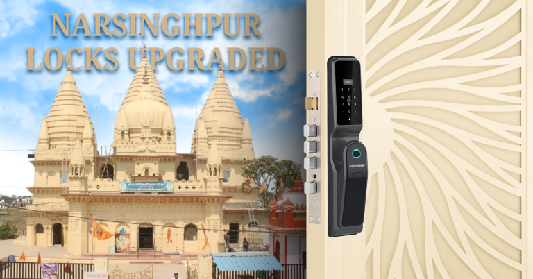 Smart Lock in Narsinghpur installed on a wooden door with a scenic view of Narmada ghat – reflecting security and spiritual calmness