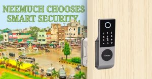 Tuchware smart lock installed on a door with Neemuch city street view in the background – Smart Lock in Neemuch.