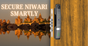 Smart Lock in Niwari installed on a sleek wooden door with serene surroundings in the background