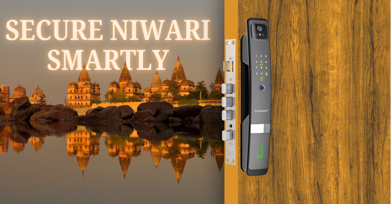 Smart Lock in Niwari installed on a sleek wooden door with serene surroundings in the background