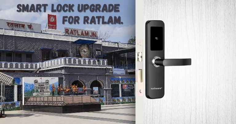 Digital door lock by Tuchware installed with Ratlam Junction Railway Station in the background – Smart Lock in Ratlam.