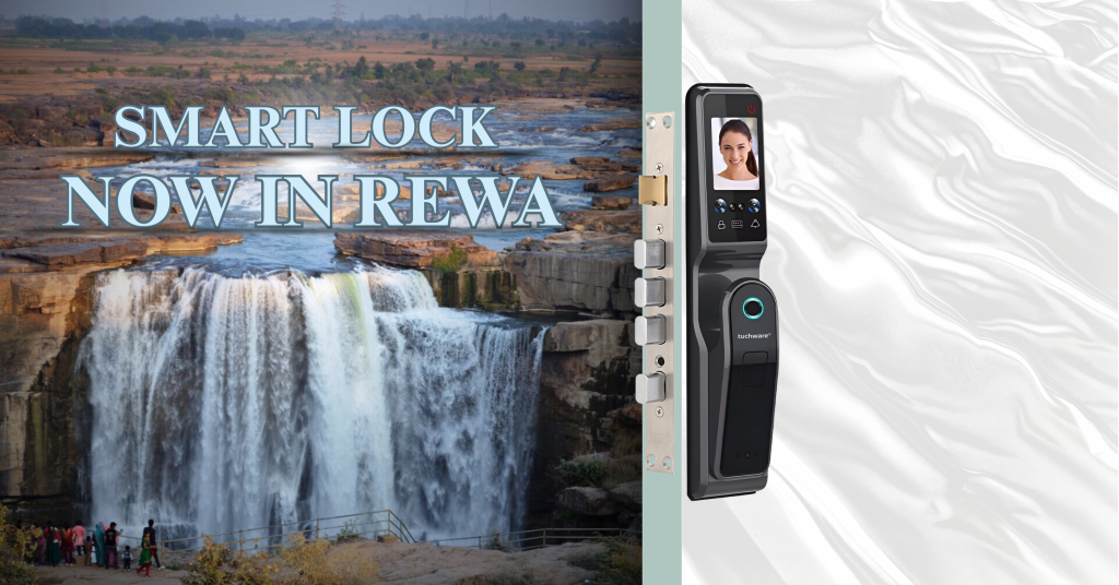 Smart Lock in Rewa installed on a modern black door with the majestic Rewa Fort in the backdrop