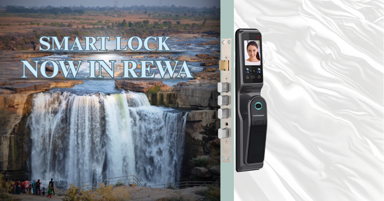 Smart Lock in Rewa installed on a modern black door with the majestic Rewa Fort in the backdrop