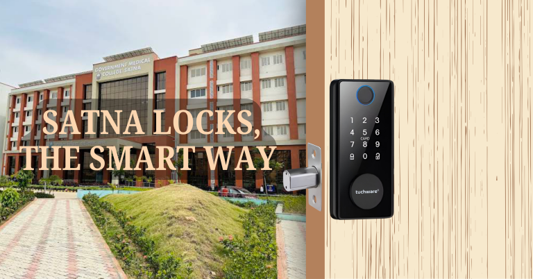 Smart Lock in Satna mounted on a sleek black door with a glimpse of city architecture in the background