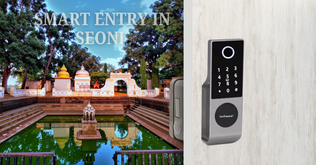 Smart Lock in Seoni installed on a wooden door, with the serene view of a temple pond – blending heritage with high-tech access.