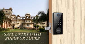 Modern smart lock in Sheopur installed on a wooden door, with the royal Sheopur palace in the background.