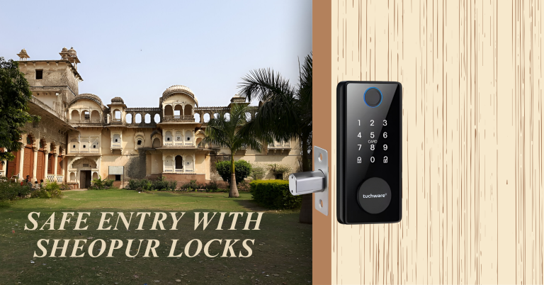 Modern smart lock in Sheopur installed on a wooden door, with the royal Sheopur palace in the background.