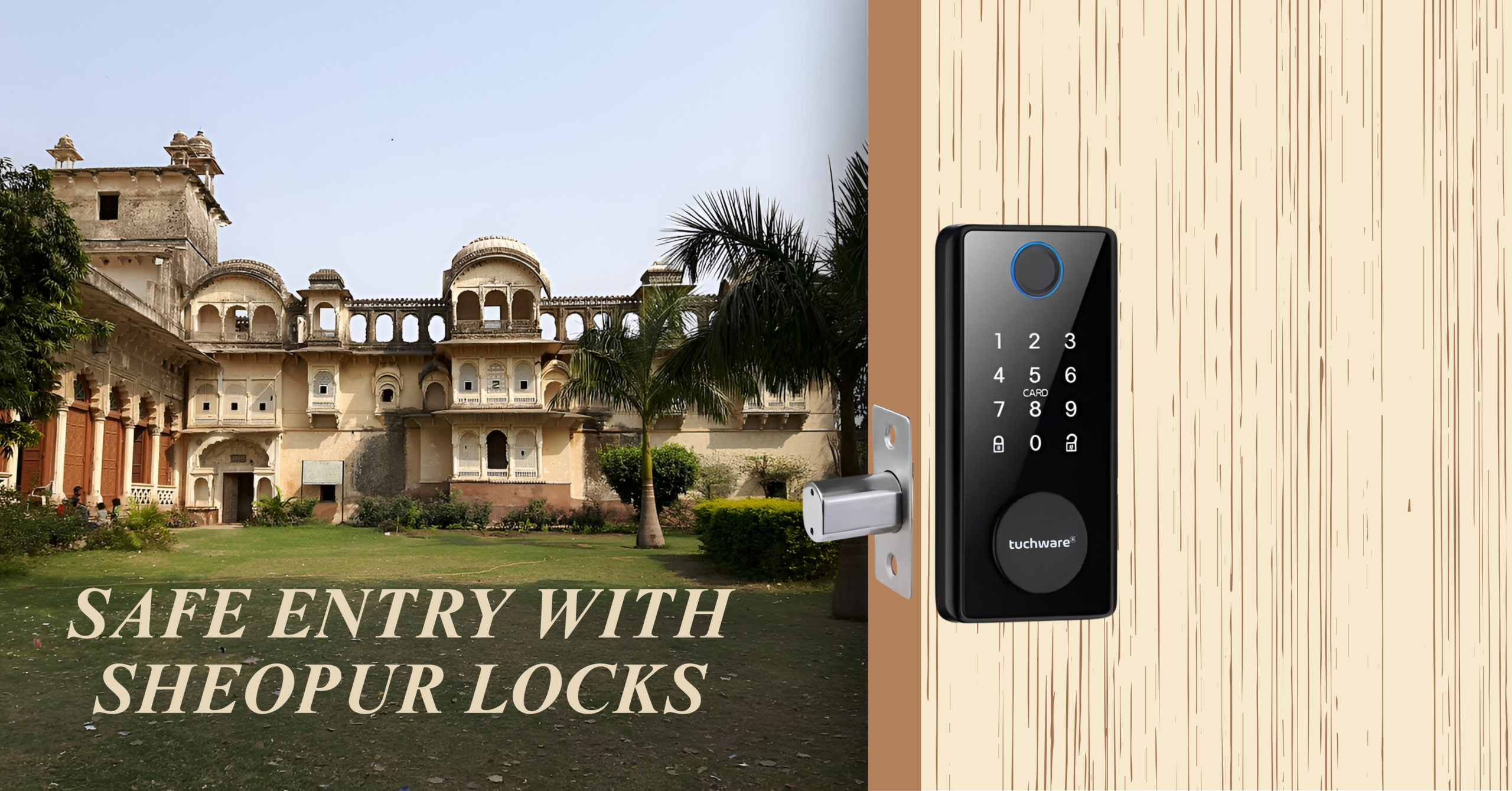 Modern smart lock in Sheopur installed on a wooden door, with the royal Sheopur palace in the background.
