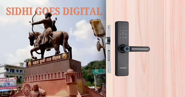 Smart Lock in Sidhi installed on a stylish wooden door, blending modern tech with rural elegance