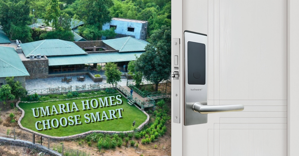 Smart Lock in Umaria installed on a white modern door overlooking lush greenery near Bandhavgarh lodges